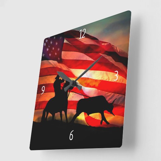 カウボーイアメリカ国旗のステアロープと馬 スクエア壁時計 (傾斜)