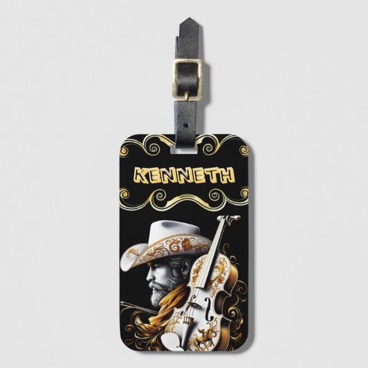 カウボーイアートと洗練はっきりしたされたバイオリン ラゲッジタグ (正面縦)