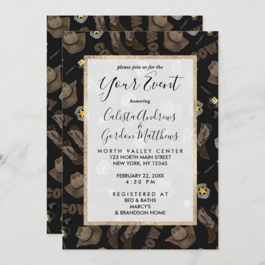 カウボーイアートタイポグラフィクールブラウンウォーター色 招待状 (正面/裏面)