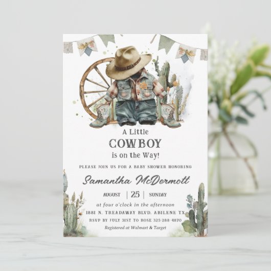 カウボーイウェスタンハットブーツデニムボーイベビーシャワー 招待状 (スタンド正面)