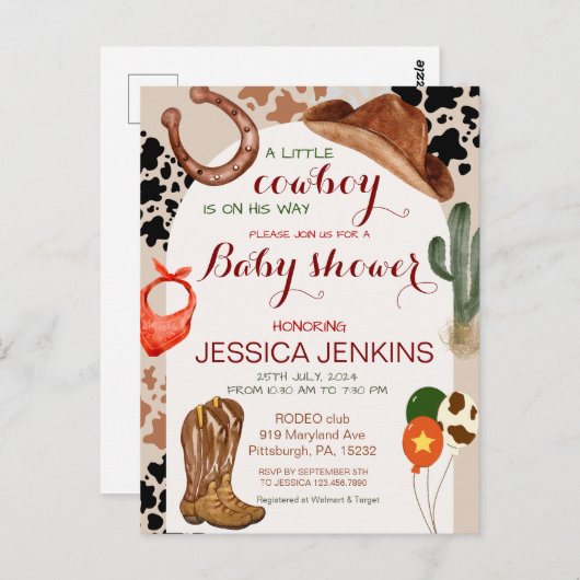 カウボーイウェスタンハットブーツベビーシャワー葉書 ポストカード (正面/裏面)
