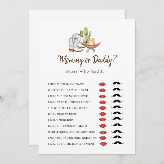 カウボーイウェスタンママまたはパパ赤ちゃんシャワーゲーム 招待状 (正面/裏面)