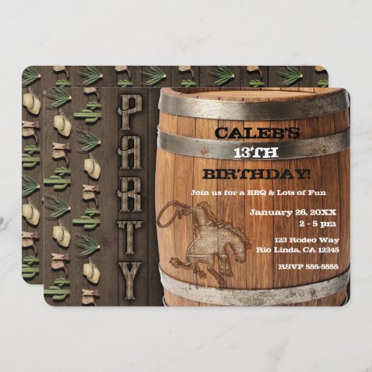 カウボーイウェスタンロデオ木製バレル誕生日パーティー 招待状 (正面/裏面)