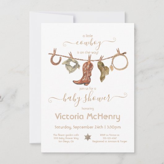 カウボーイウェスタン男の赤ちゃん物干し用ベビーシャワー 招待状 (正面)