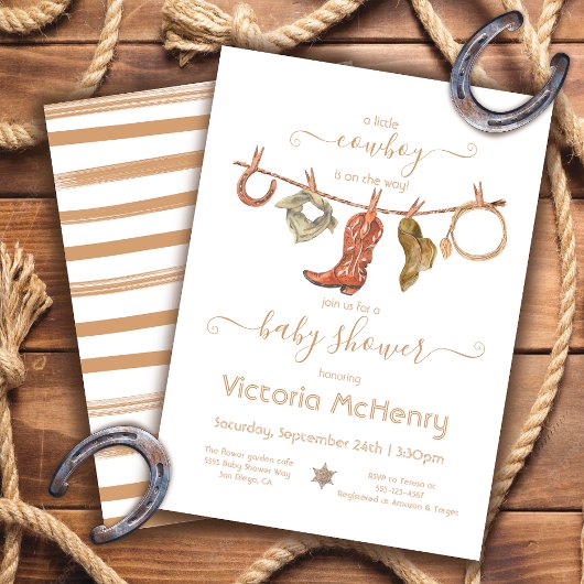 カウボーイウェスタン男の赤ちゃん物干し用ベビーシャワー 招待状