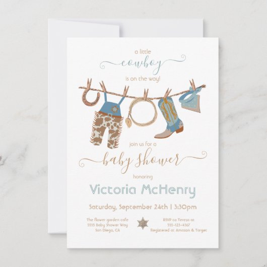 カウボーイウェスタン男の赤ちゃん物干し用ベビーシャワー 招待状 (正面)