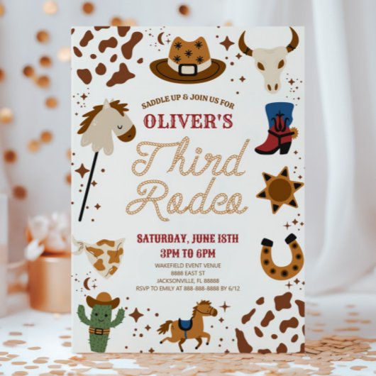 カウボーイウェスタン私の3番目のロデオ3番目の誕生日パーティー 招待状