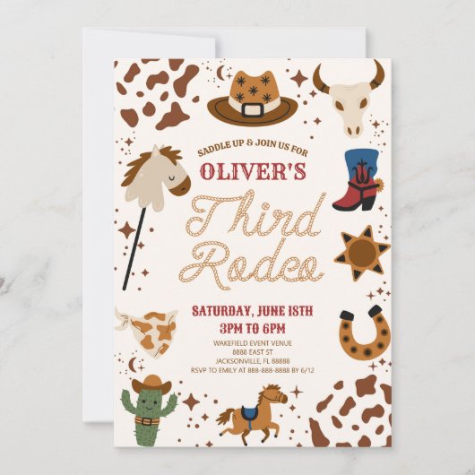 カウボーイウェスタン私の3番目のロデオ3番目の誕生日パーティー 招待状 (正面)