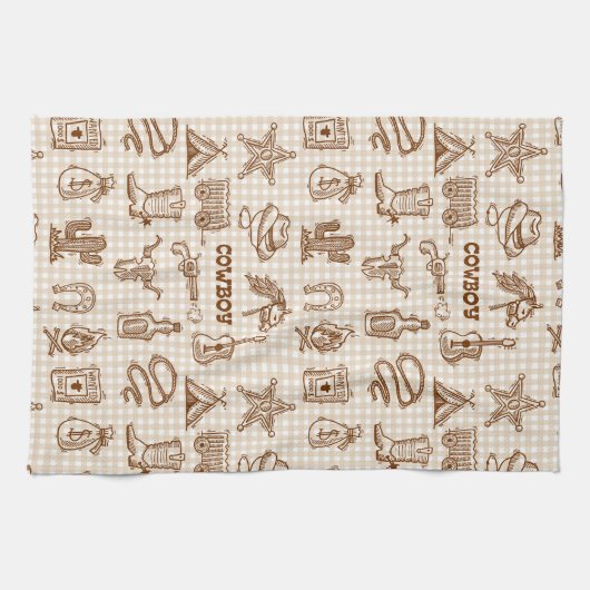 カウボーイウェスタン誕生日パーティーギンガム キッチンタオル (横)