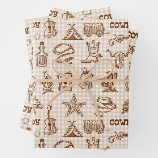 カウボーイウェスタン誕生日パーティーギンガム ラッピングペーパーシート (インサイチュ)