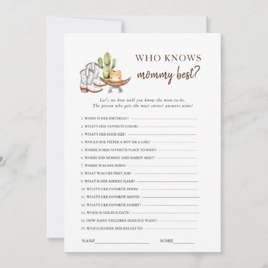 カウボーイウェスタン赤ちゃんシャワーゲーム 招待状 (正面)