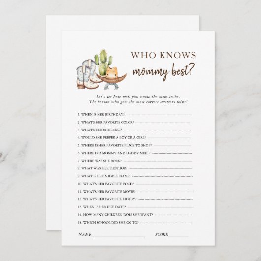 カウボーイウェスタン赤ちゃんシャワーゲーム 招待状 (正面/裏面)