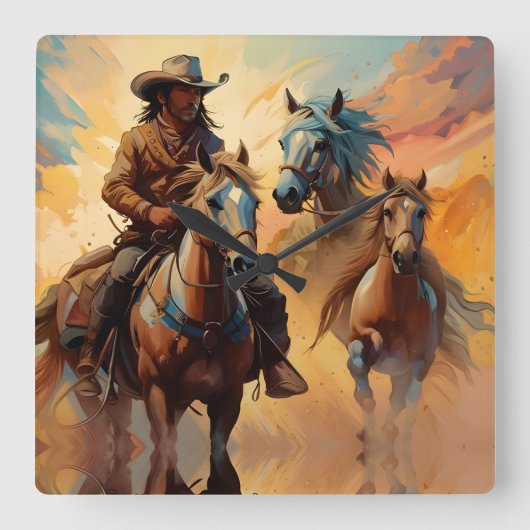 カウボーイウェスタン馬ブルータンコラージュ スクエア壁時計 (正面)