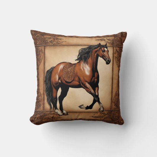 カウボーイウエスタンカントリーエクエストリアンブラウンホース クッション (正面)