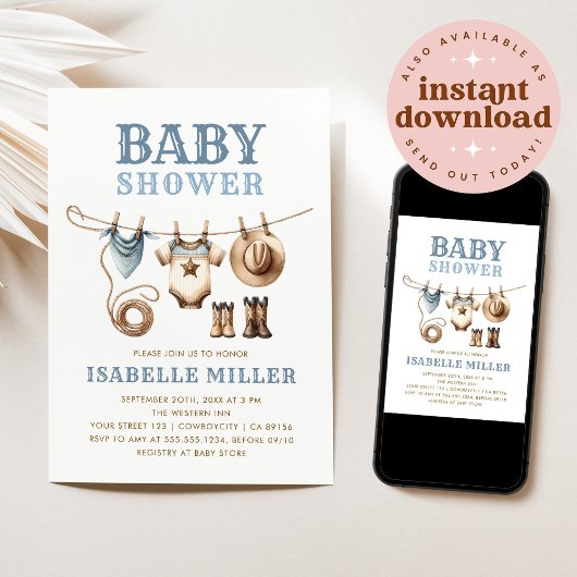 カウボーイウエスタンクロセスライン男の赤ちゃんベビーシャワー 招待状