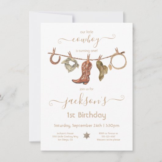 カウボーイウエスタンボーイクロセスライン誕生日パーティー 招待状 (正面)