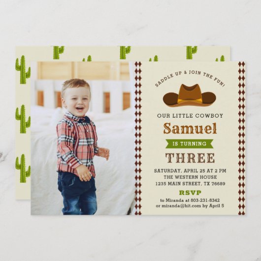 カウボーイウエスタンロデオ男の赤ちゃんフォト1st誕生日 招待状 (正面/裏面)