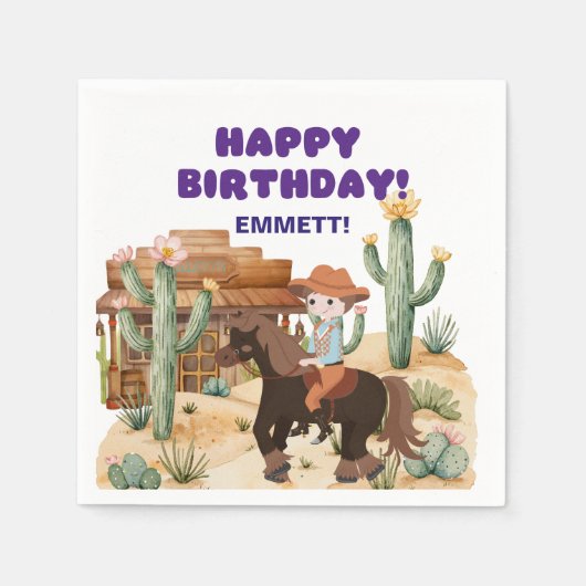 カウボーイオンホース誕生日パーティー スタンダードカクテルナプキン (正面)