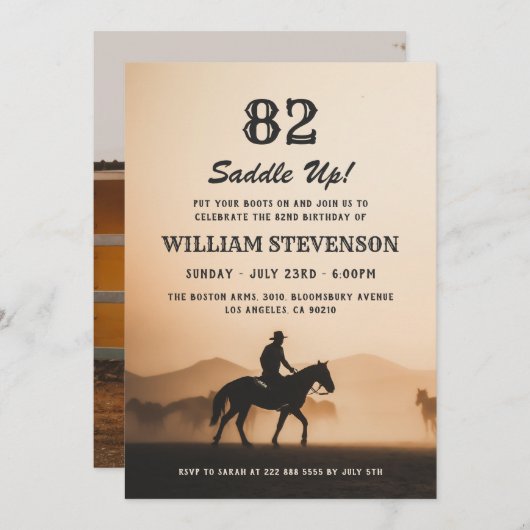 カウボーイカントリー素朴ヴィンテージ写真第82誕生日 招待状 (正面/裏面)