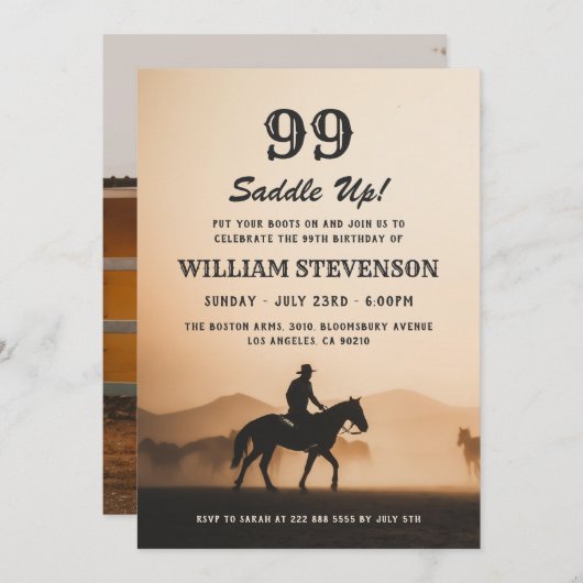 カウボーイカントリー素朴ヴィンテージ写真99誕生日 招待状 (正面/裏面)