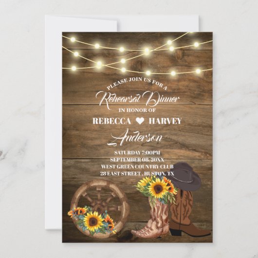 カウボーイカントリー西結婚のリハーサルのディナー 招待状 (正面)