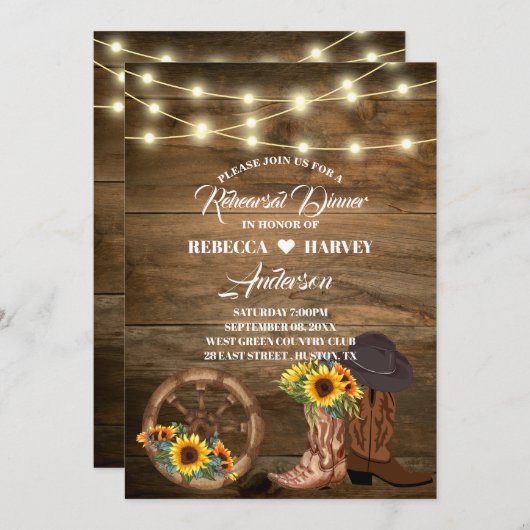 カウボーイカントリー西結婚のリハーサルのディナー 招待状 (正面/裏面)