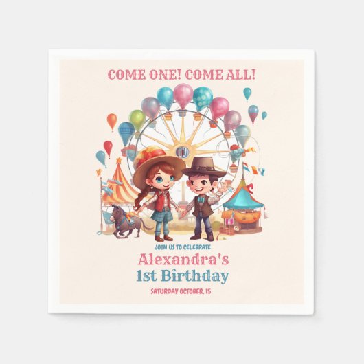 カウボーイカーニバルサーカスショー誕生日 スタンダードカクテルナプキン (正面)