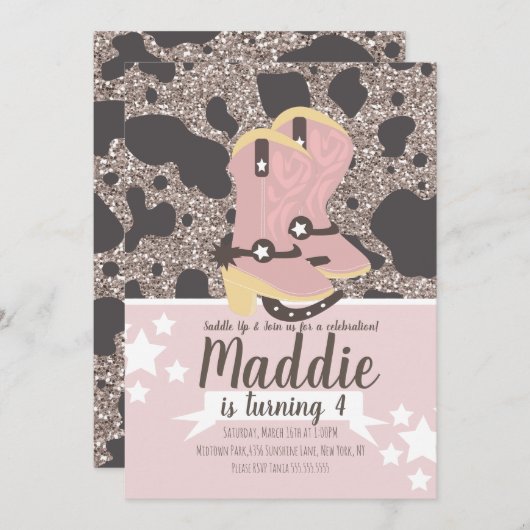 カウボーイガール誕生日グリッター牛プリントパーティー 招待状 (正面/裏面)