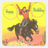 カウボーイキッド乗馬用ロープハッピーバースデー スクエアシール (正面)