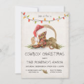 カウボーイクリスマスライト素朴ウォーターカラーパーティー 招待状 (正面)