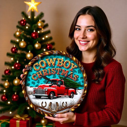 カウボーイクリスマス赤いトラック ラージ壁時計