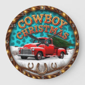 カウボーイクリスマス赤いトラック ラージ壁時計 (正面)