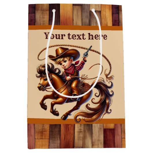 カウボーイクールボーイズ誕生日パーティーのカスタマイズ可能 ミディアムペーパーバッグ (正面)