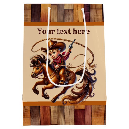 カウボーイクールボーイズ誕生日パーティーのカスタマイズ可能 ミディアムペーパーバッグ (裏面)