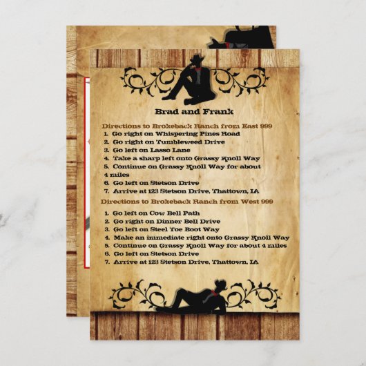 カウボーイグルームズ結婚ゲイの運転指示カード 招待状 (正面/裏面)