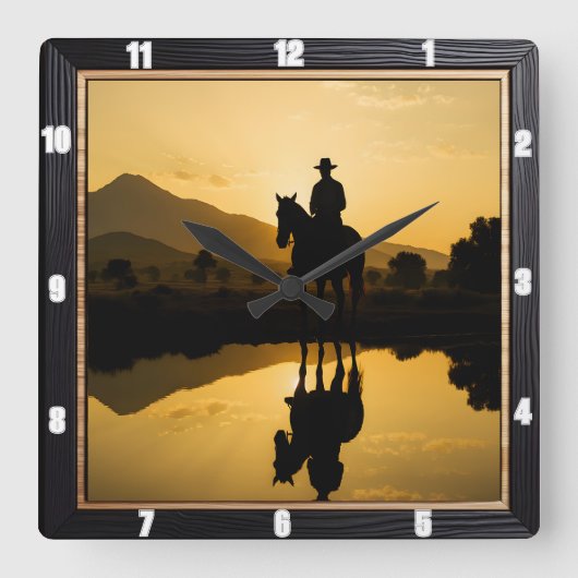 カウボーイサンセット乗馬の反射 スクエア壁時計 (正面)