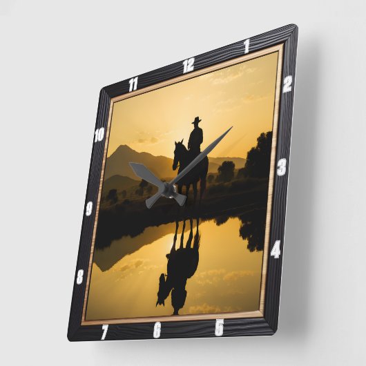 カウボーイサンセット乗馬の反射 スクエア壁時計 (傾斜)