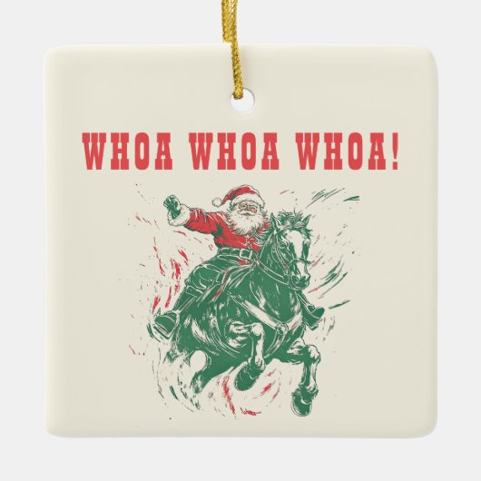カウボーイサンタクロースおもしろいウェスタンロデオ馬写真 セラミックオーナメント (正面)