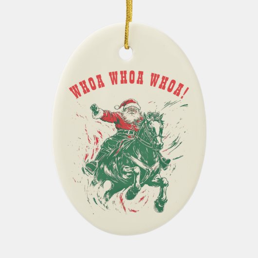 カウボーイサンタクロースおもしろいウエスタンロデオホース セラミックオーナメント (正面)