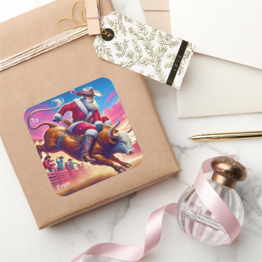 カウボーイサンタブルライディングギフトラベルステッカー スクエアシール (ギフト)