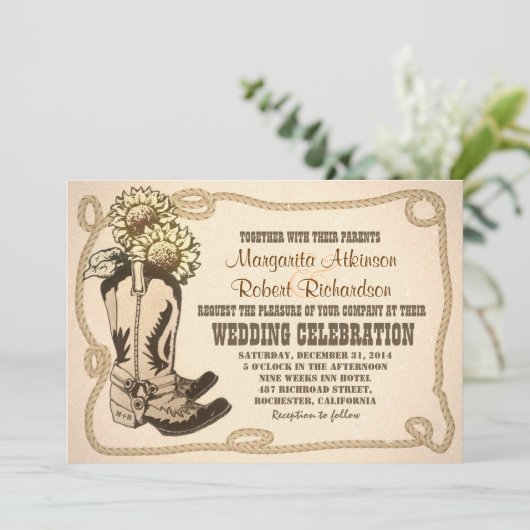 カウボーイシューズ素朴な結婚式招待状 招待状 (スタンド正面)