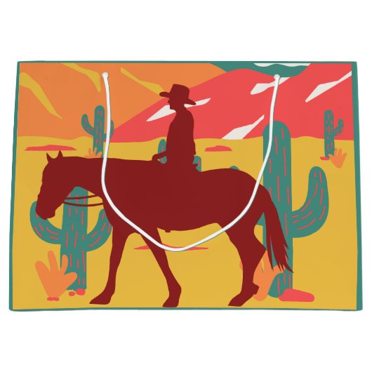 カウボーイシルエットデザートランドスケープ ラージペーパーバッグ (正面)