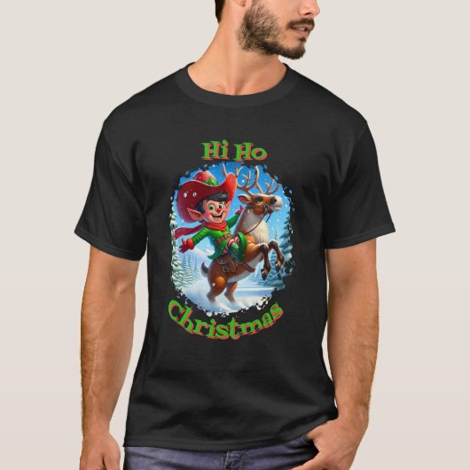 カウボーイスタイルのクリスマスエルフのトナカイ乗り物デザイン Tシャツ (正面)