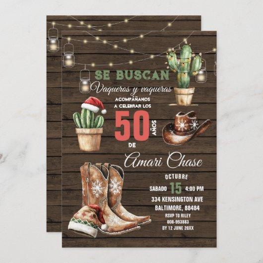 カウボーイスペインのサボスクリスマス50アニョス誕生日 招待状 (正面/裏面)