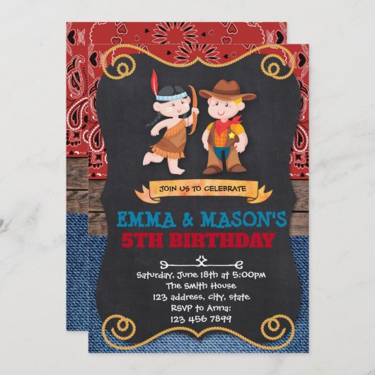 カウボーイズとインディアンの誕生日の招待 招待状 (正面/裏面)