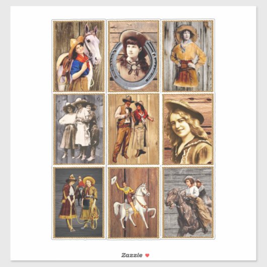カウボーイズと女性のカーボーイヴィンテージ写真アートコラージュ シール (シート)