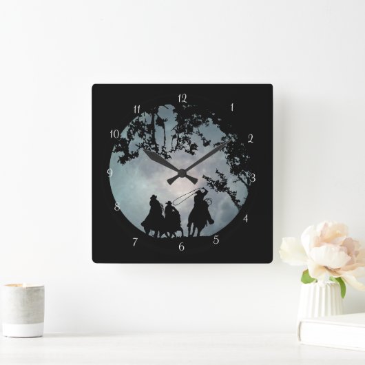 カウボーイズと馬が大きな満月をローピング スクエア壁時計 (ホーム)