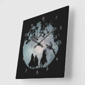 カウボーイズと馬が大きな満月をローピング スクエア壁時計 (傾斜)