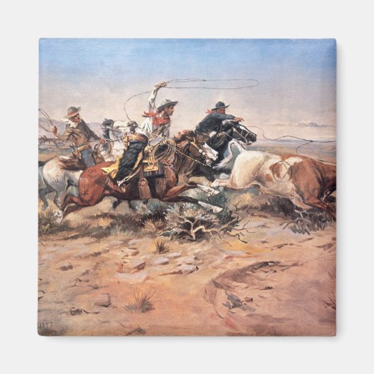 カウボーイズ1897年ステアをローピング(キャンバス上の油) マグネット (正面)