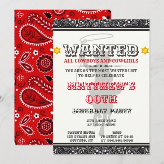 カウボーイズ&女性のカーボーイバンダナバースデーパーティー招待状 (正面/裏面)